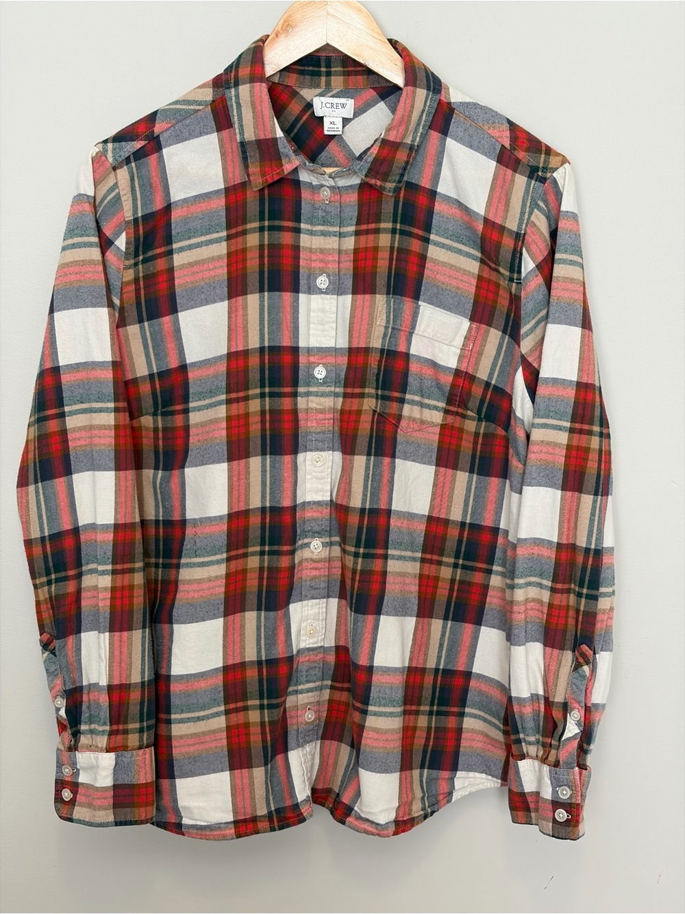 J. Crew Woman’s Plaid Button-Down Shirt in Red, Green, Cream, Navy